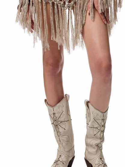 1JINN STUDIO Crackle Embroidered V Cut Pointed Women&