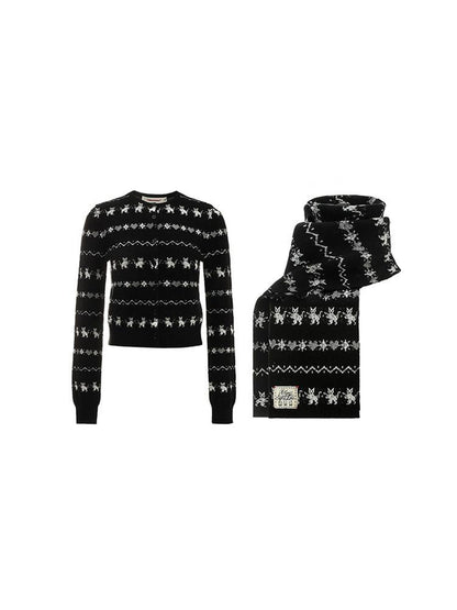 1JINN STUDIO Cropped Cat Jacquard Fair Isle Slim Fit Women&