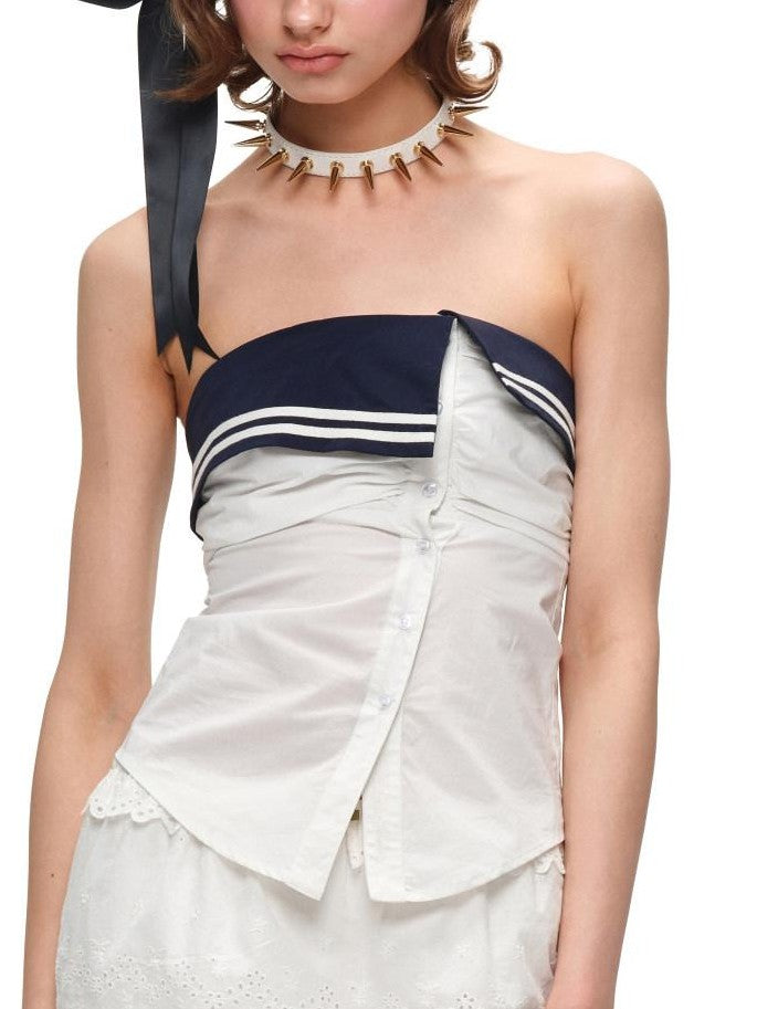 1JINN STUDIO Cropped Nautical Off Shoulder Sleeveless Waist Cinching Women&