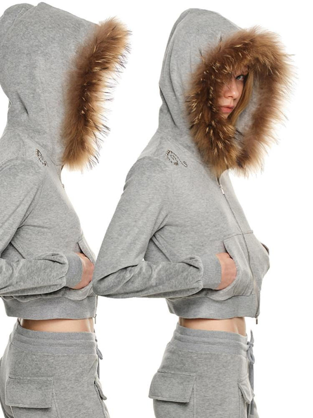 1JINN STUDIO Cropped Raccoon Fur Trim Hood Micro Flare Slim Women&