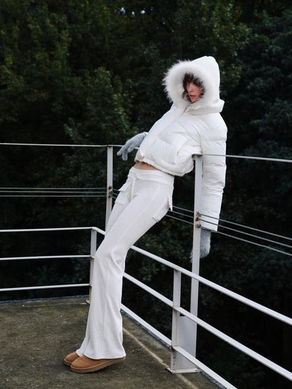 1JINN STUDIO Cropped Raccoon Fur Trim Hood Micro Flare Slim Women&