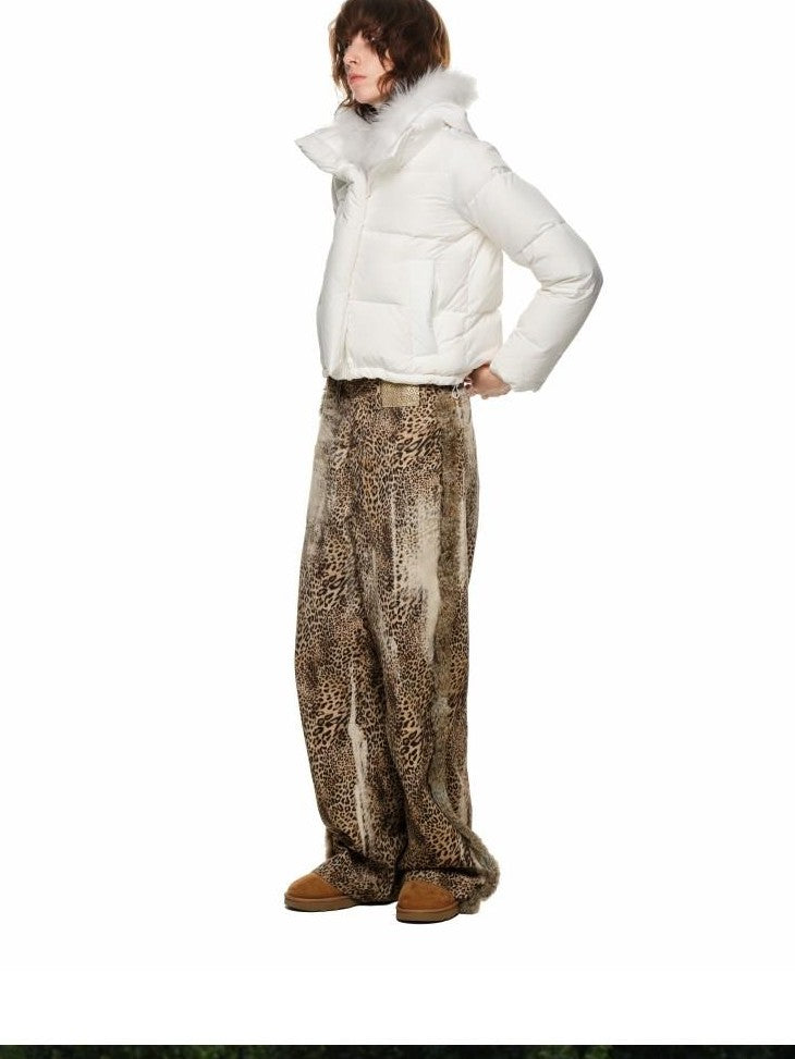 1JINN STUDIO Cropped Raccoon Fur Trim Hood Micro Flare Slim Women&