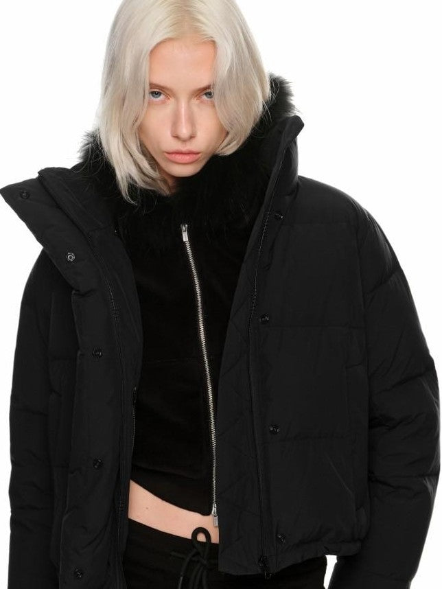 1JINN STUDIO Cropped Raccoon Fur Trim Hood Micro Flare Slim Women&