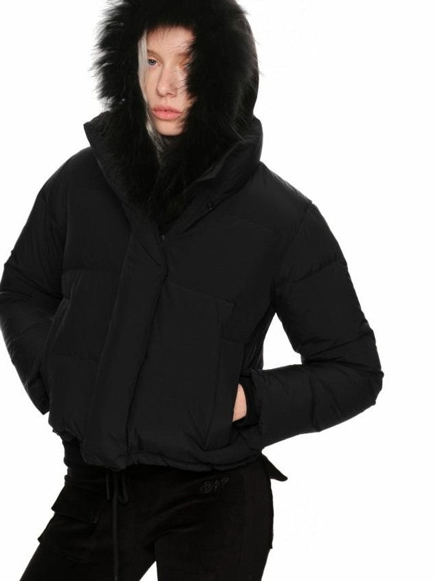 1JINN STUDIO Cropped Raccoon Fur Trim Hood Micro Flare Slim Women&