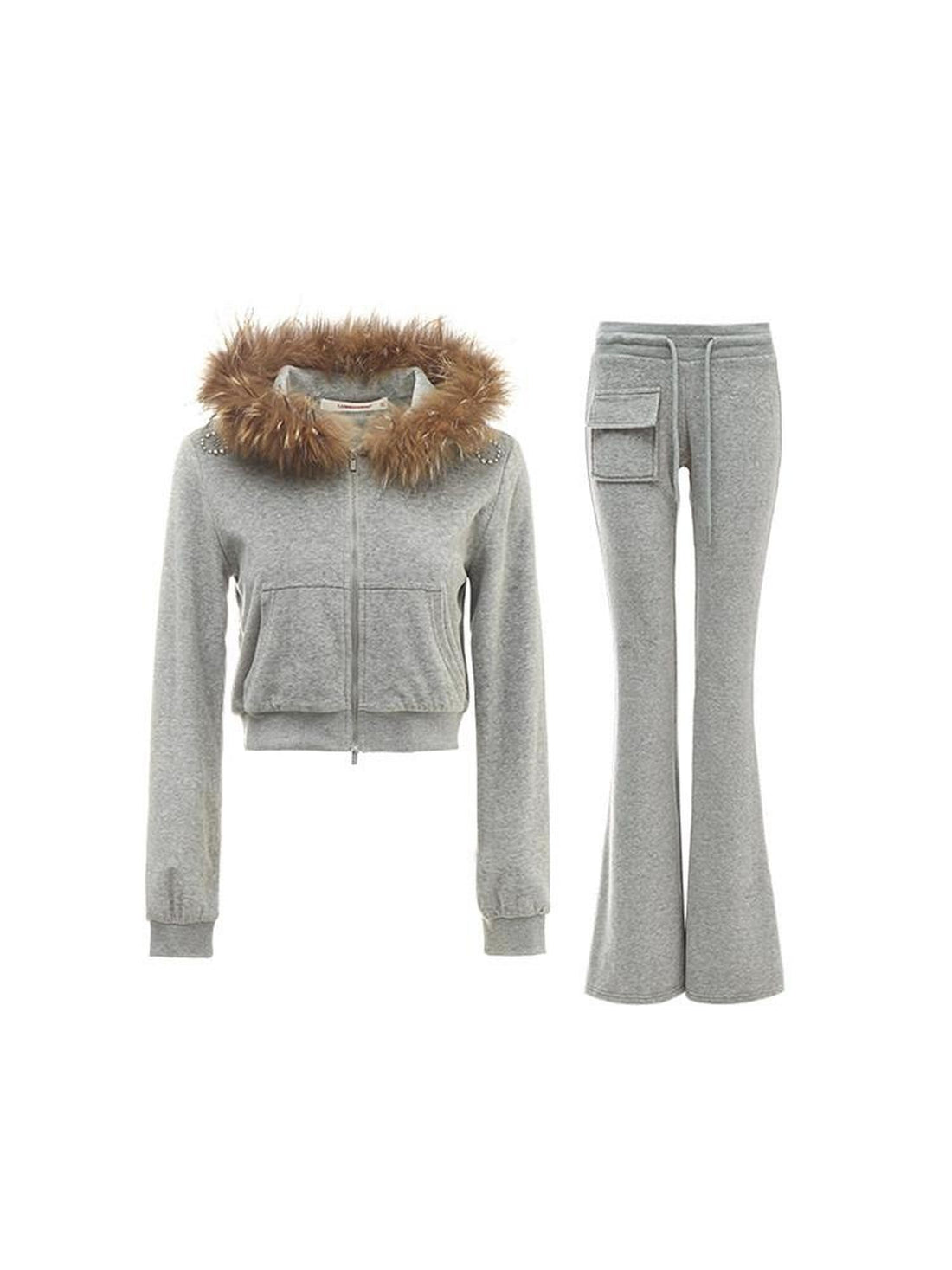 1JINN STUDIO Cropped Raccoon Fur Trim Hood Micro Flare Slim Women&