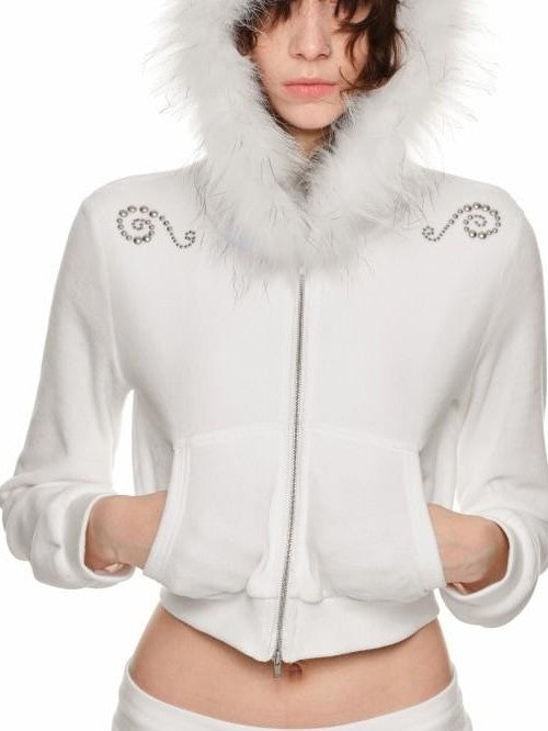 1JINN STUDIO Cropped Raccoon Fur Trim Hood Micro Flare Slim Women&