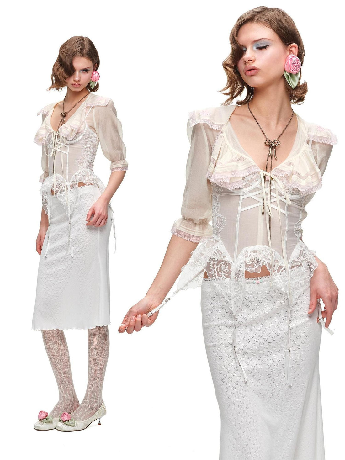 1JINN STUDIO Cropped Sailor Collar Ruffle Mid Sleeve Women&