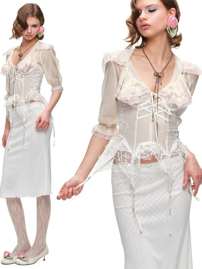 1JINN STUDIO Cropped Sailor Collar Ruffle Mid Sleeve Women&