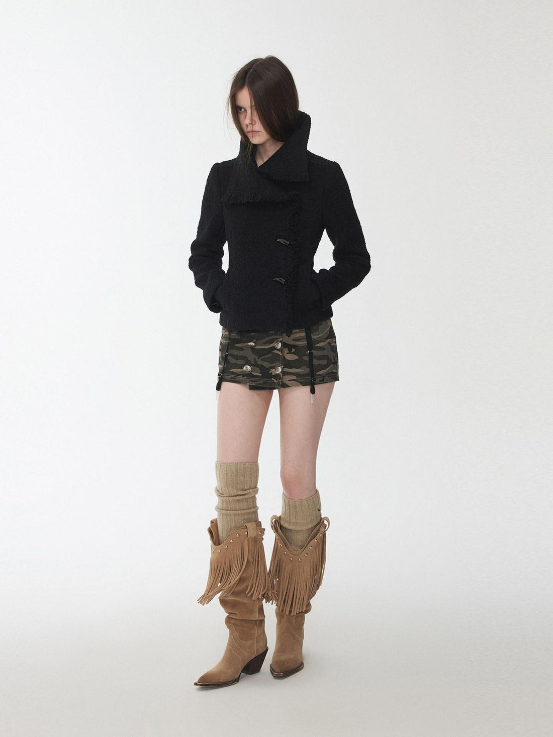 1JINN STUDIO Cropped Stand Collar Frayed Edge Toggle Buttons Slim Women&