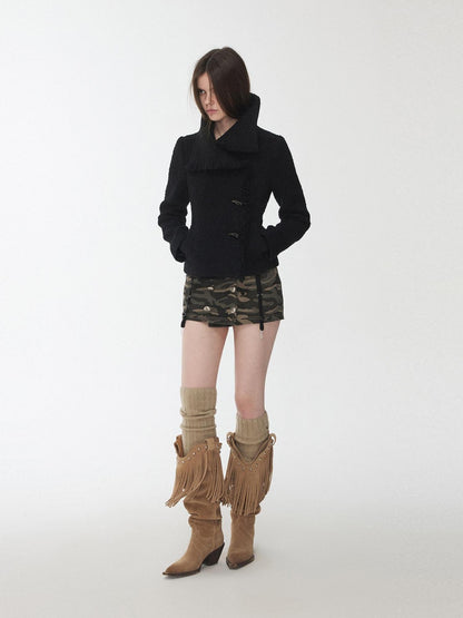 1JINN STUDIO Cropped Stand Collar Frayed Edge Toggle Buttons Slim Women&