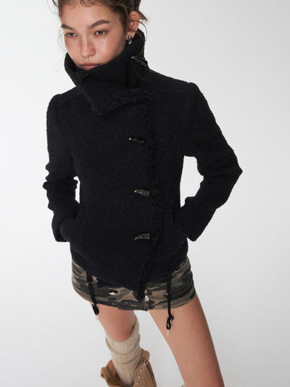 1JINN STUDIO Cropped Stand Collar Frayed Edge Toggle Buttons Slim Women&