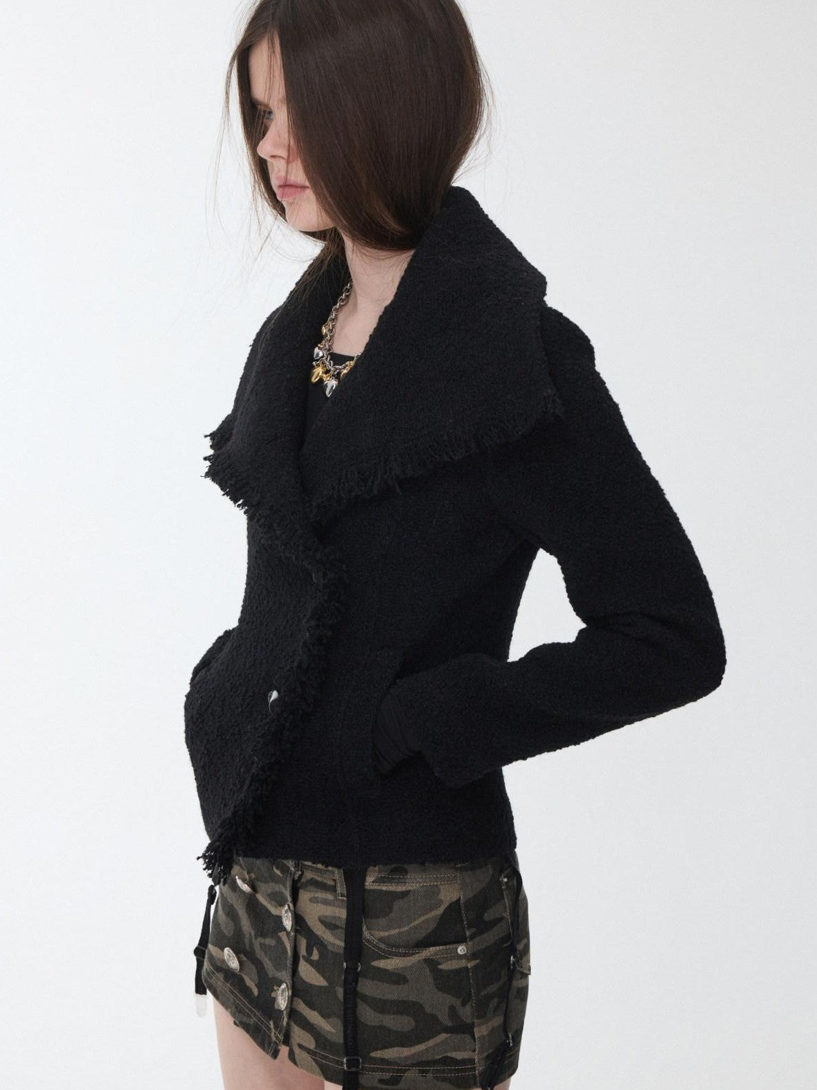 1JINN STUDIO Cropped Stand Collar Frayed Edge Toggle Buttons Slim Women&