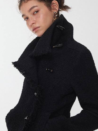 1JINN STUDIO Cropped Stand Collar Frayed Edge Toggle Buttons Slim Women&