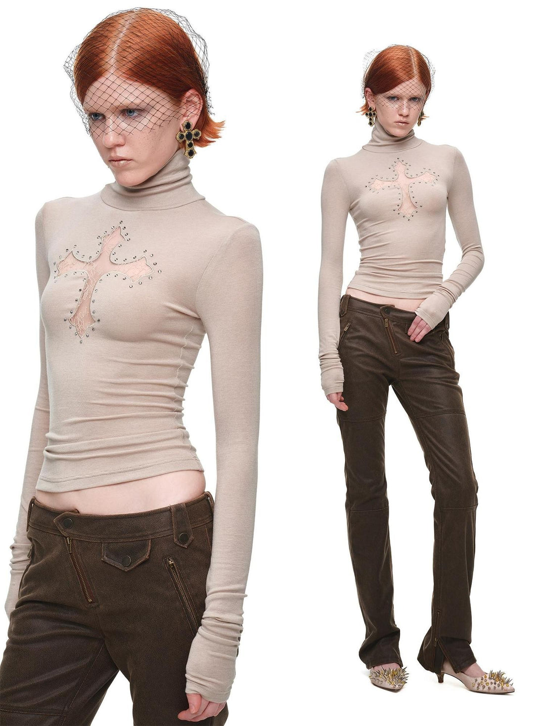 1JINN STUDIO Cross Lace Embroidered Rhinestone Slim Fit High Neck Women&