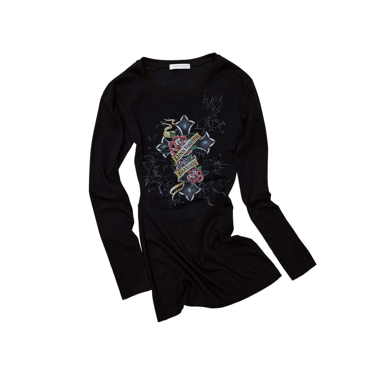 1JINN_STUDIO_Cross_Print_Distressed_Cutout_Waist_Long_Sleeve_Women&