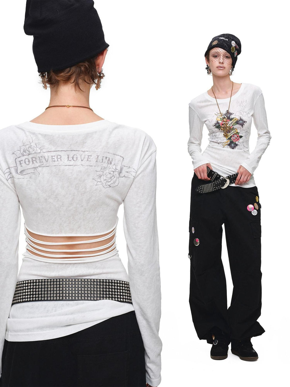 1JINN STUDIO Cross Print Distressed Cutout Waist Long Sleeve Women&