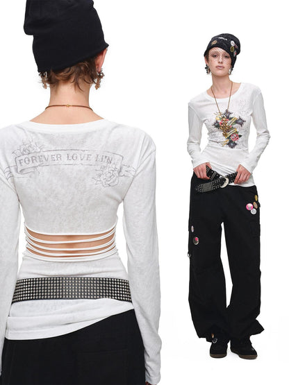 1JINN STUDIO Cross Print Distressed Cutout Waist Long Sleeve Women&