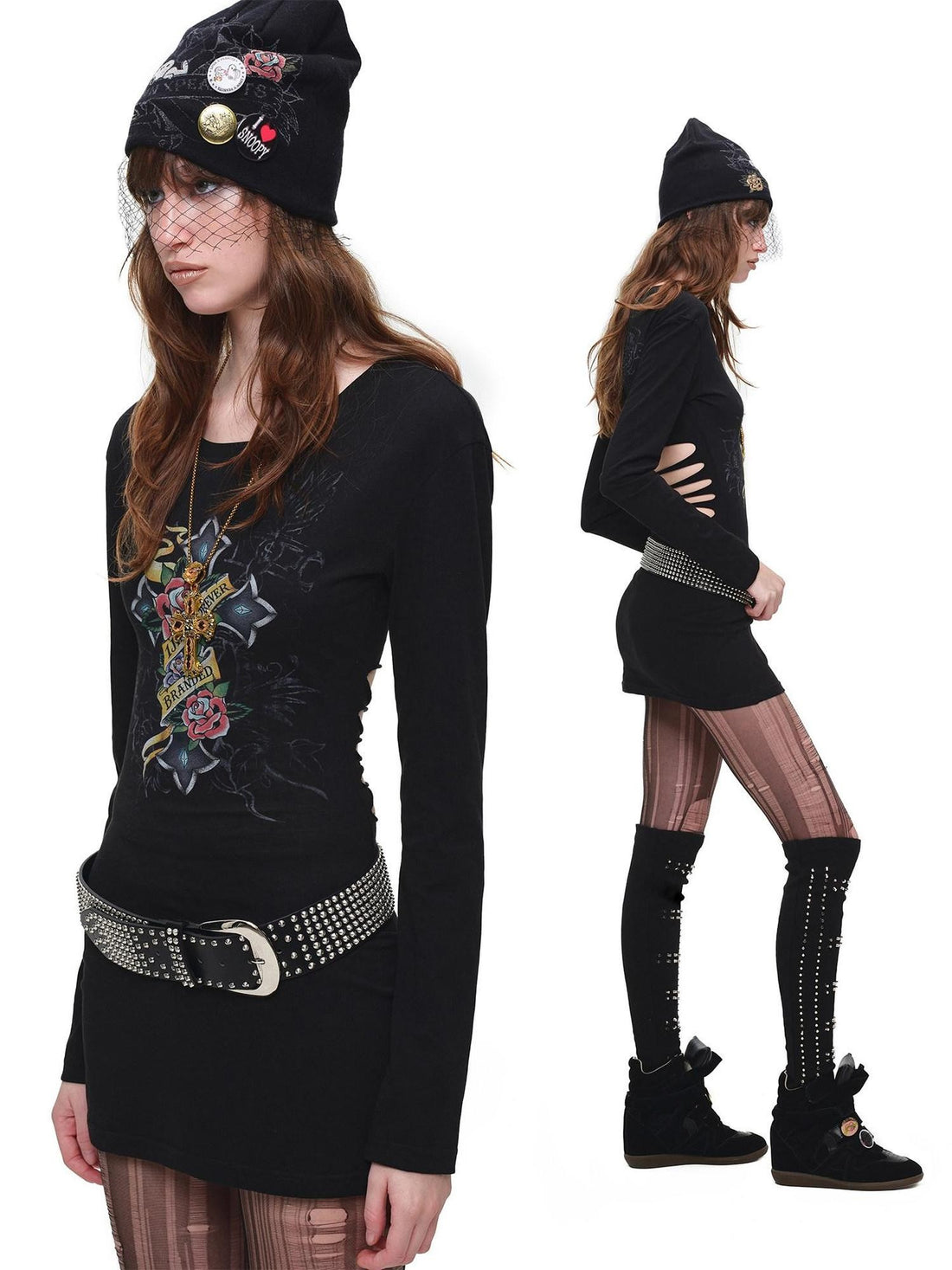 1JINN STUDIO Cross Print Distressed Cutout Waist Long Sleeve Women&