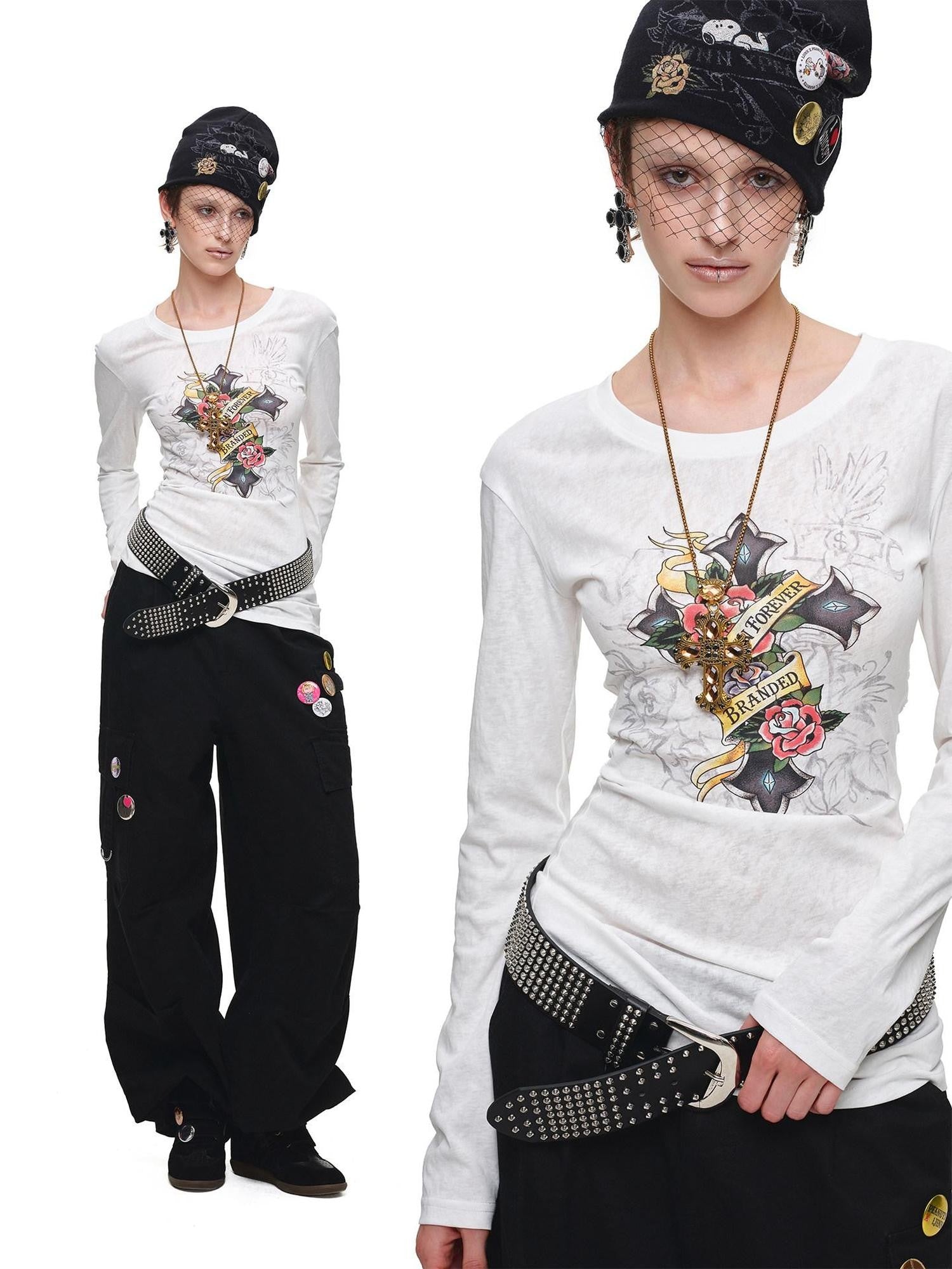 1JINN STUDIO Cross Print Distressed Cutout Waist Long Sleeve Women&