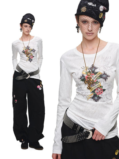 1JINN STUDIO Cross Print Distressed Cutout Waist Long Sleeve Women&