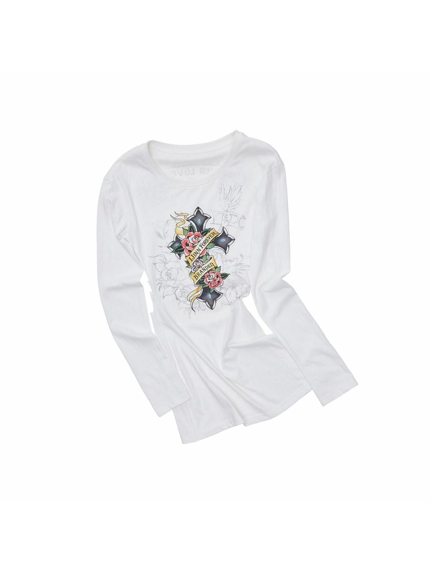 1JINN STUDIO Cross Print Distressed Cutout Waist Long Sleeve Women&