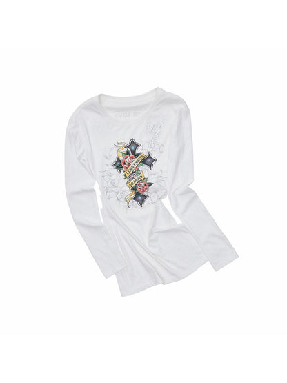 1JINN STUDIO Cross Print Distressed Cutout Waist Long Sleeve Women&