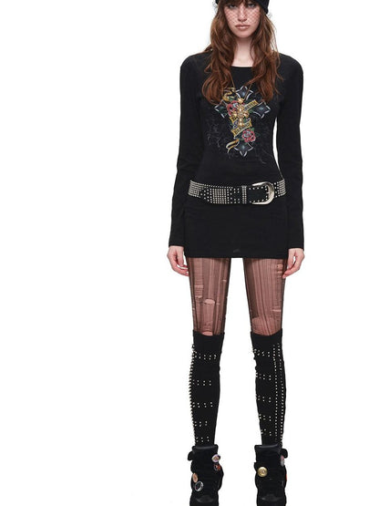1JINN STUDIO Cross Print Distressed Cutout Waist Long Sleeve Women&