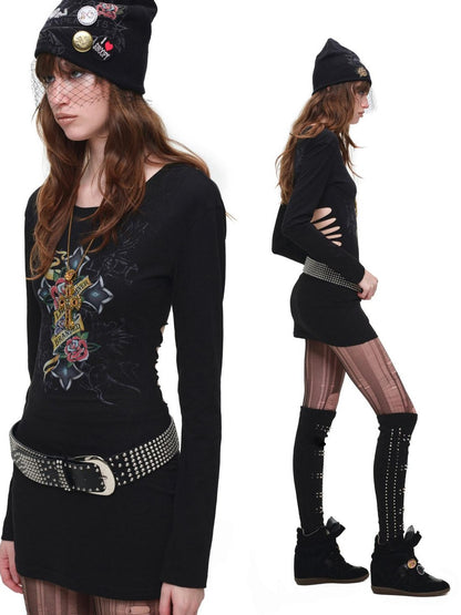 1JINN STUDIO Cross Print Distressed Cutout Waist Long Sleeve Women&