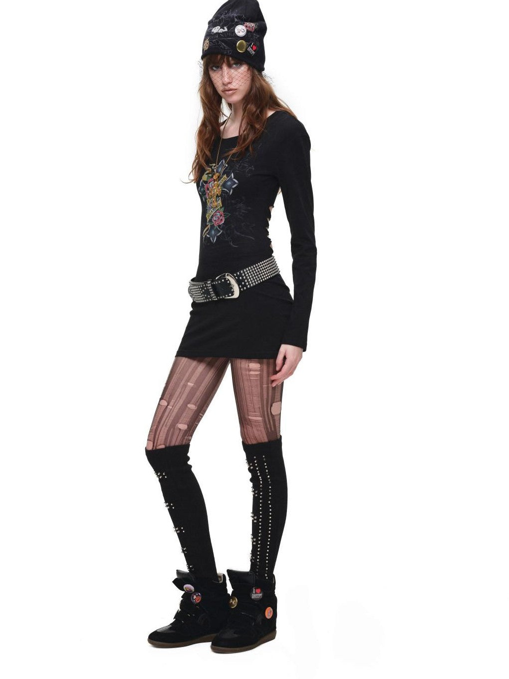 1JINN STUDIO Cross Print Distressed Cutout Waist Long Sleeve Women&