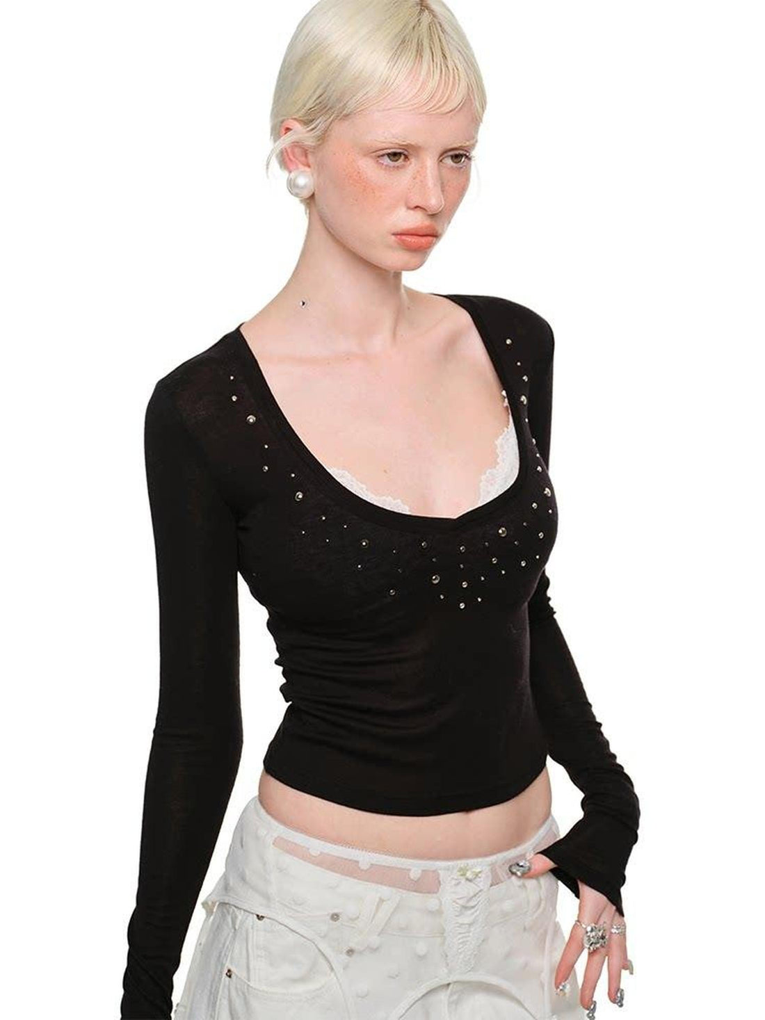 1JINN STUDIO Deep V-neck Studded Rhinestone Slimming Women&