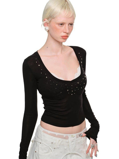 1JINN STUDIO Deep V-neck Studded Rhinestone Slimming Women&