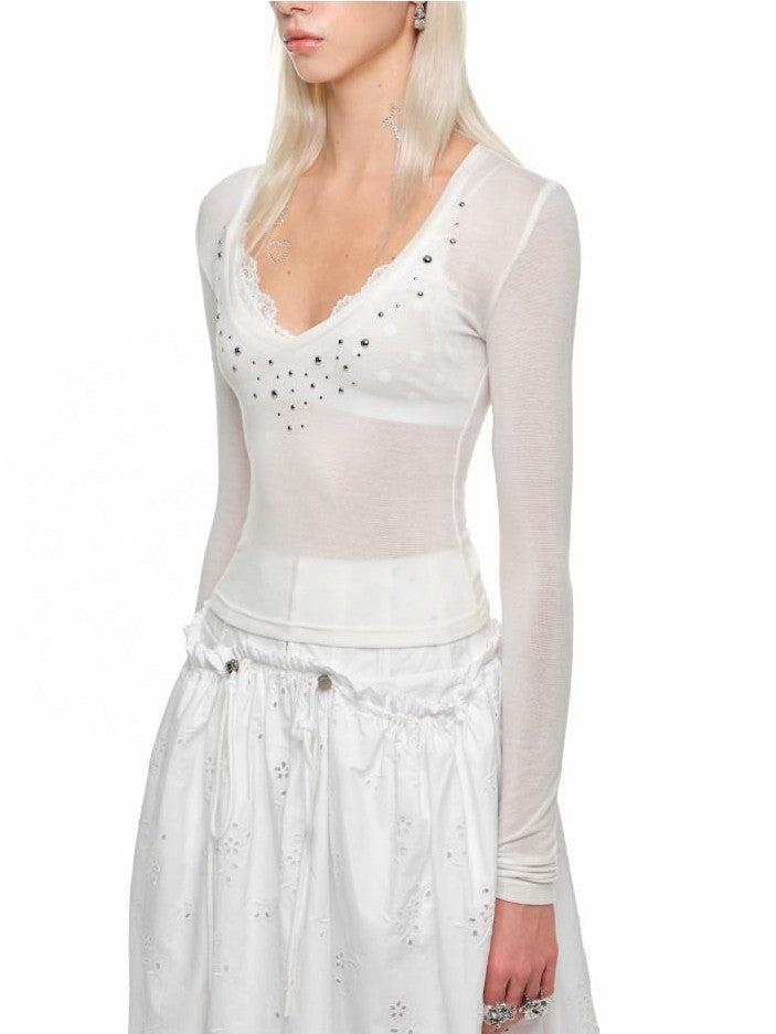 1JINN STUDIO Deep V-neck Studded Rhinestone Slimming Women&