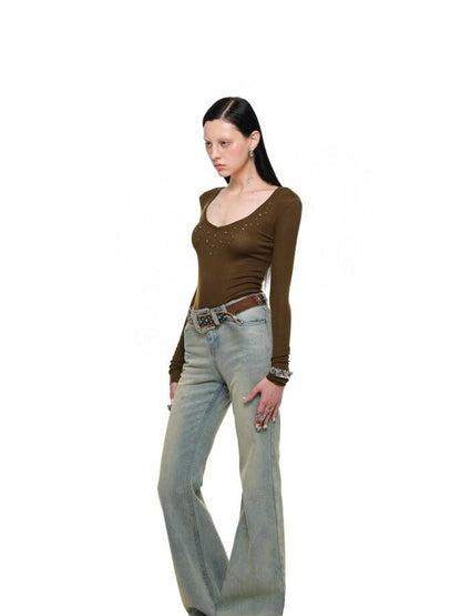 1JINN STUDIO Deep V-neck Studded Rhinestone Slimming Women&