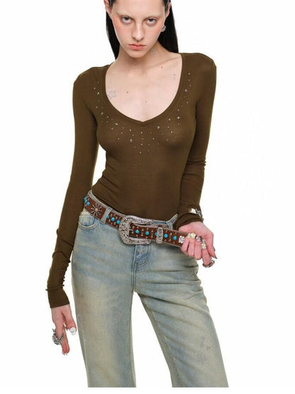 1JINN STUDIO Deep V-neck Studded Rhinestone Slimming Women&