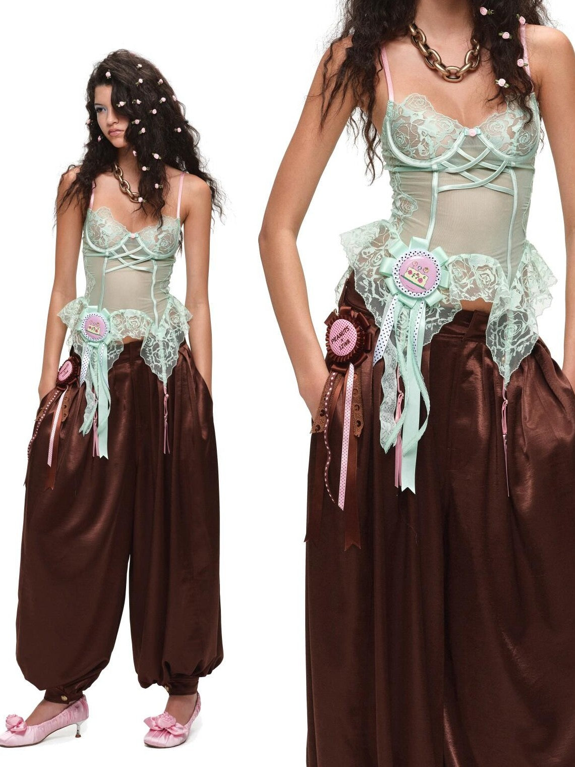 1JINN STUDIO Delicate Micro Sheer Fishbone Panel Lace Trim Women&