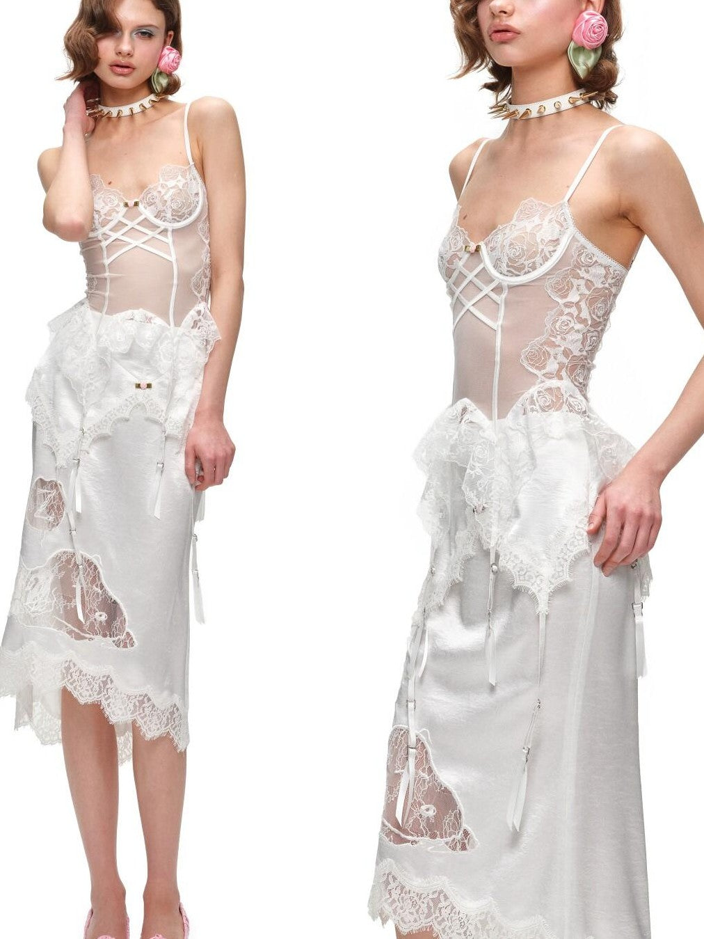 1JINN STUDIO Delicate Micro Sheer Fishbone Panel Lace Trim Women&