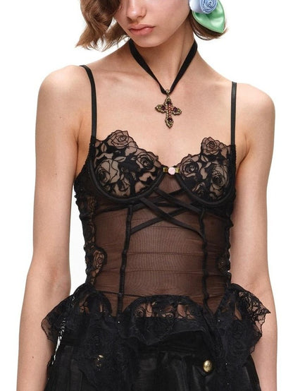 1JINN STUDIO Delicate Micro Sheer Fishbone Panel Lace Trim Women&