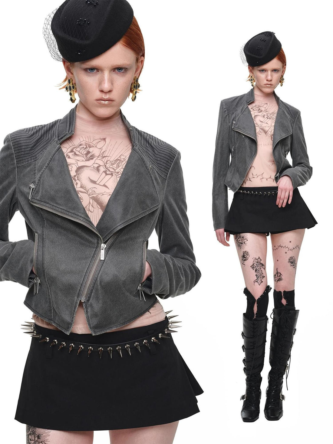 1JINN STUDIO Distressed Double Collar Zip Short Slim Women&