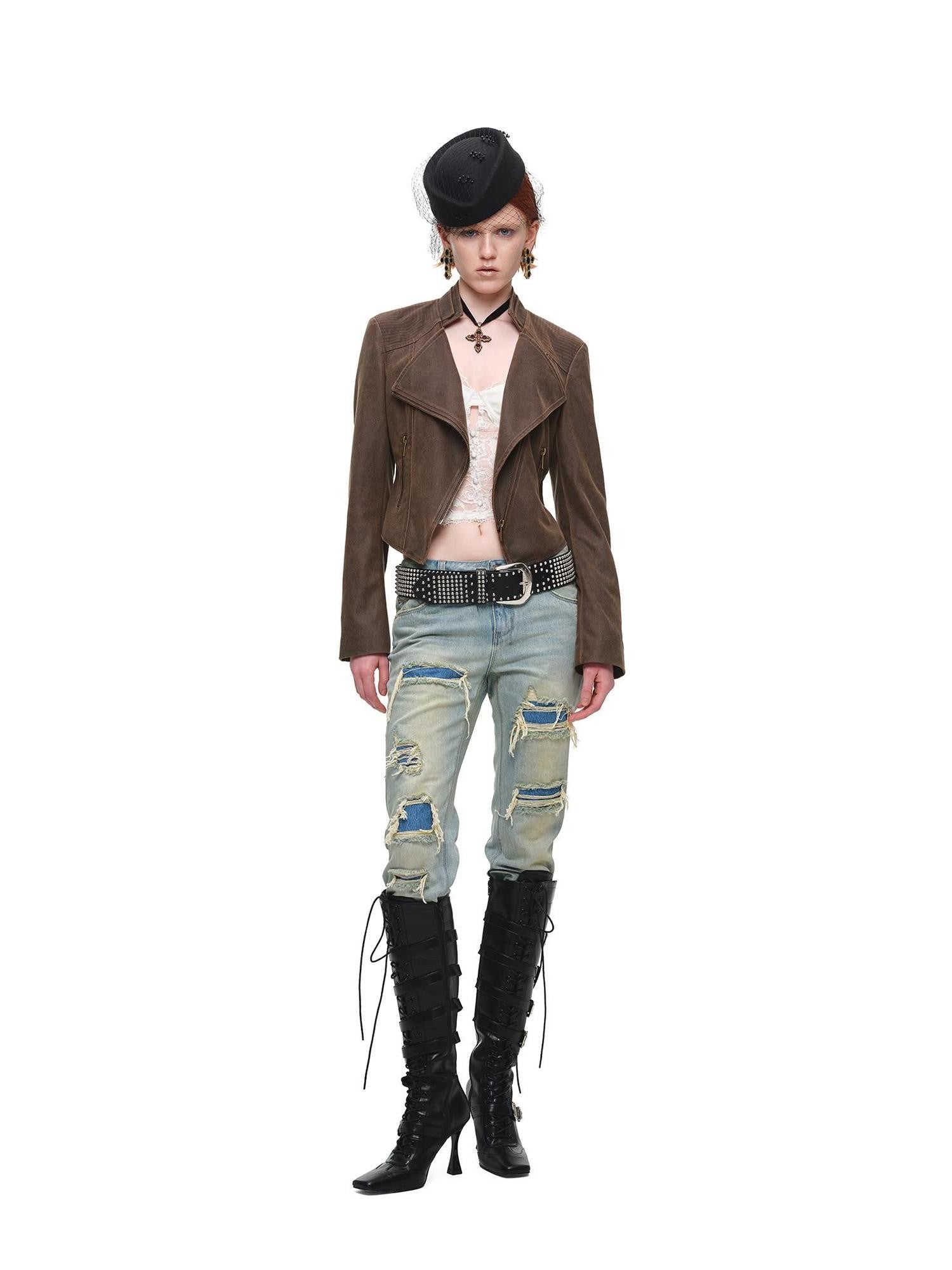 1JINN STUDIO Distressed Double Patch Frayed Faux Rips Women&