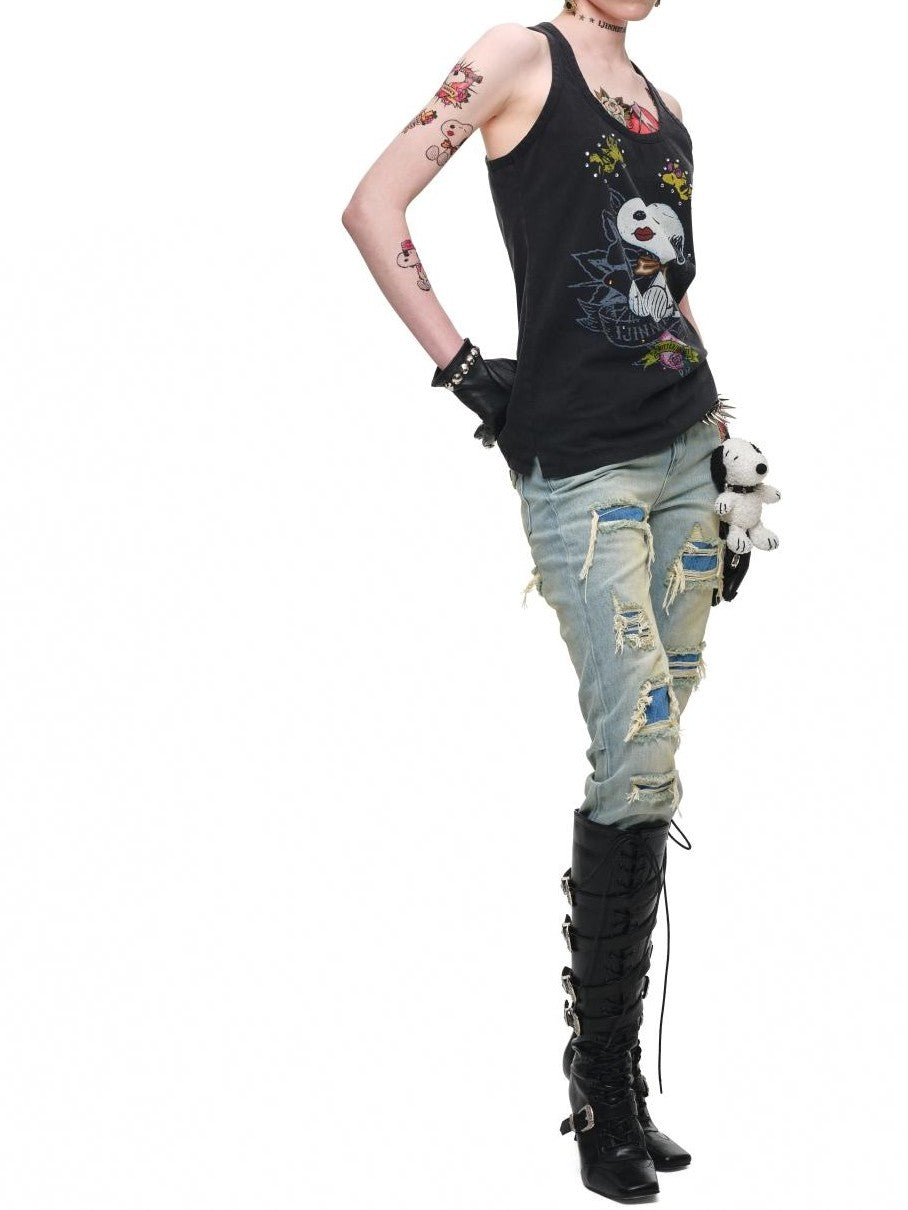 1JINN STUDIO Distressed Double Patch Frayed Faux Rips Women&