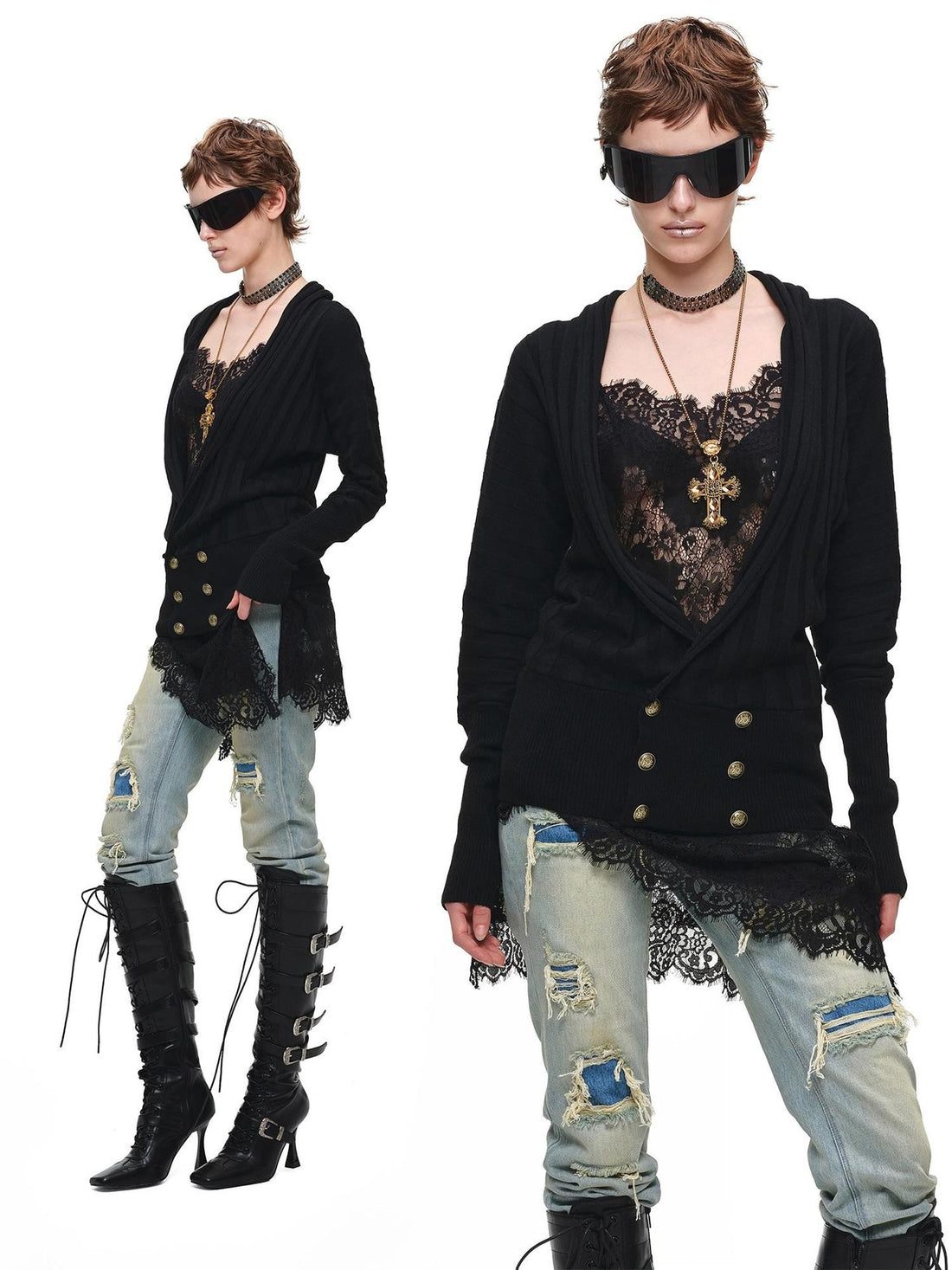 1JINN STUDIO Distressed Double Patch Frayed Faux Rips Women&