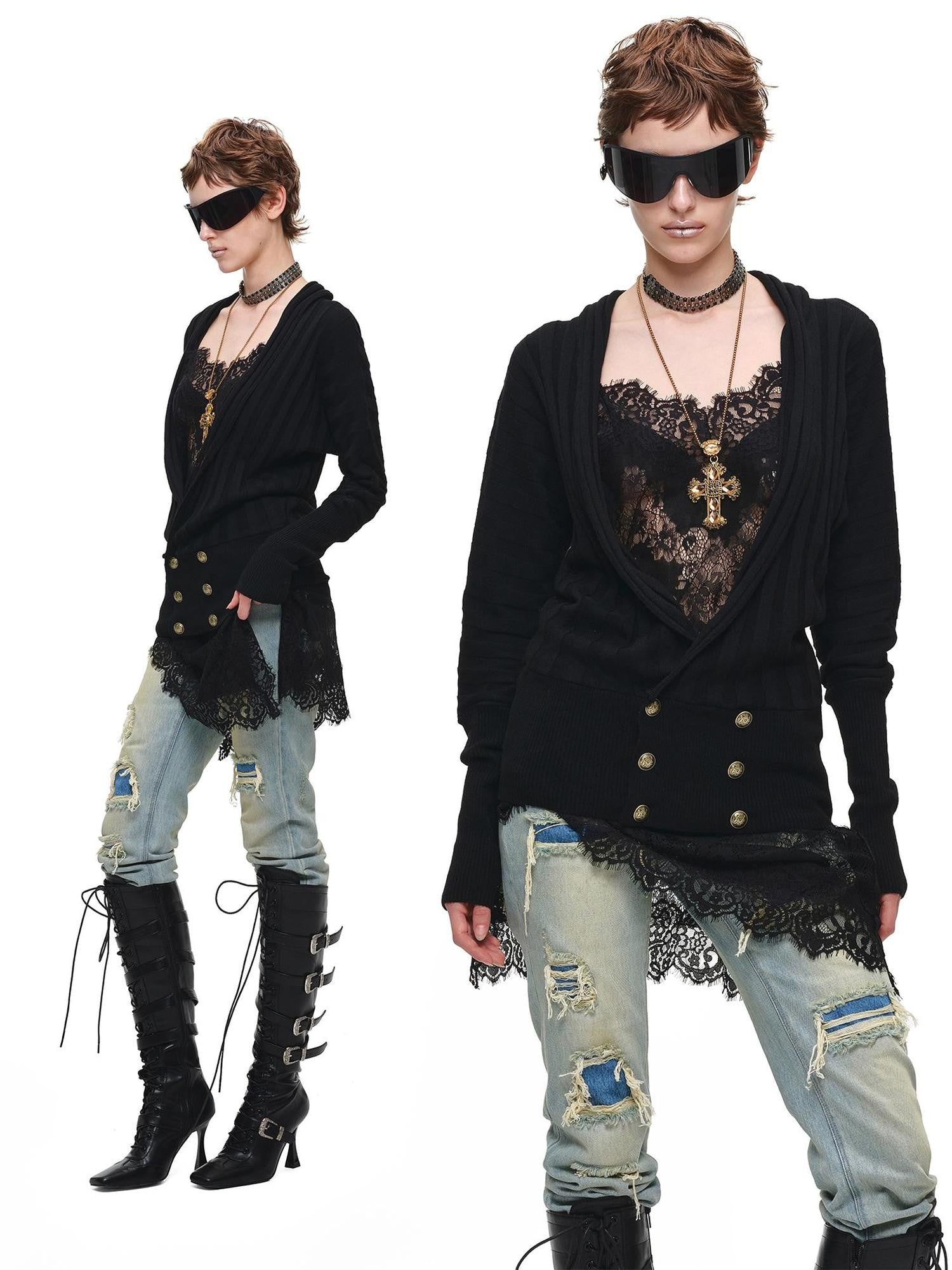 1JINN STUDIO Distressed Double Patch Frayed Faux Rips Women&