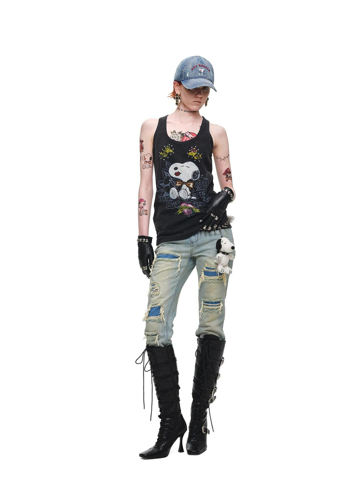 1JINN STUDIO Distressed Double Patch Frayed Faux Rips Women&