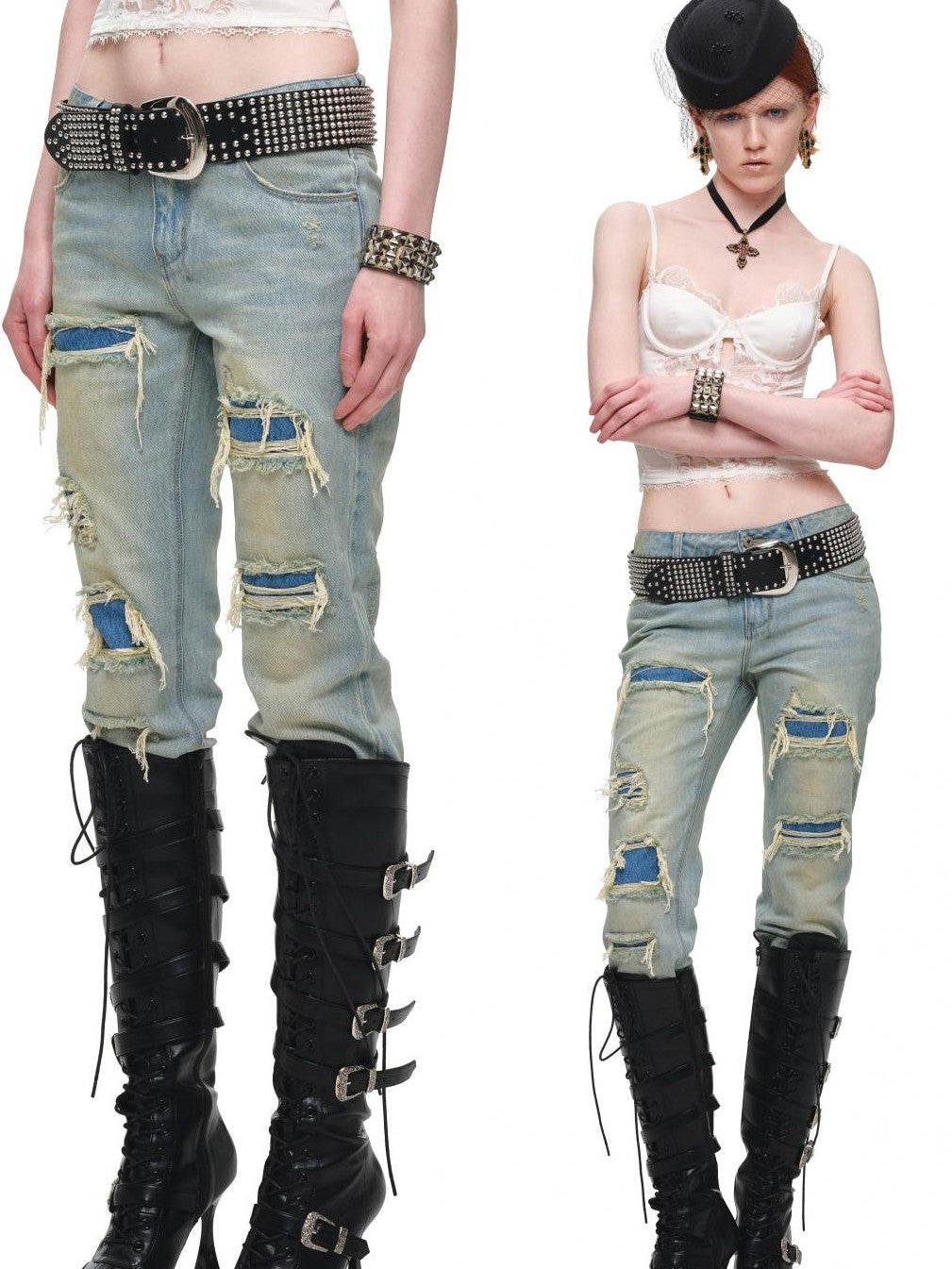 1JINN STUDIO Distressed Double Patch Frayed Faux Rips Women&