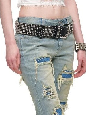 1JINN STUDIO Distressed Double Patch Frayed Faux Rips Women&