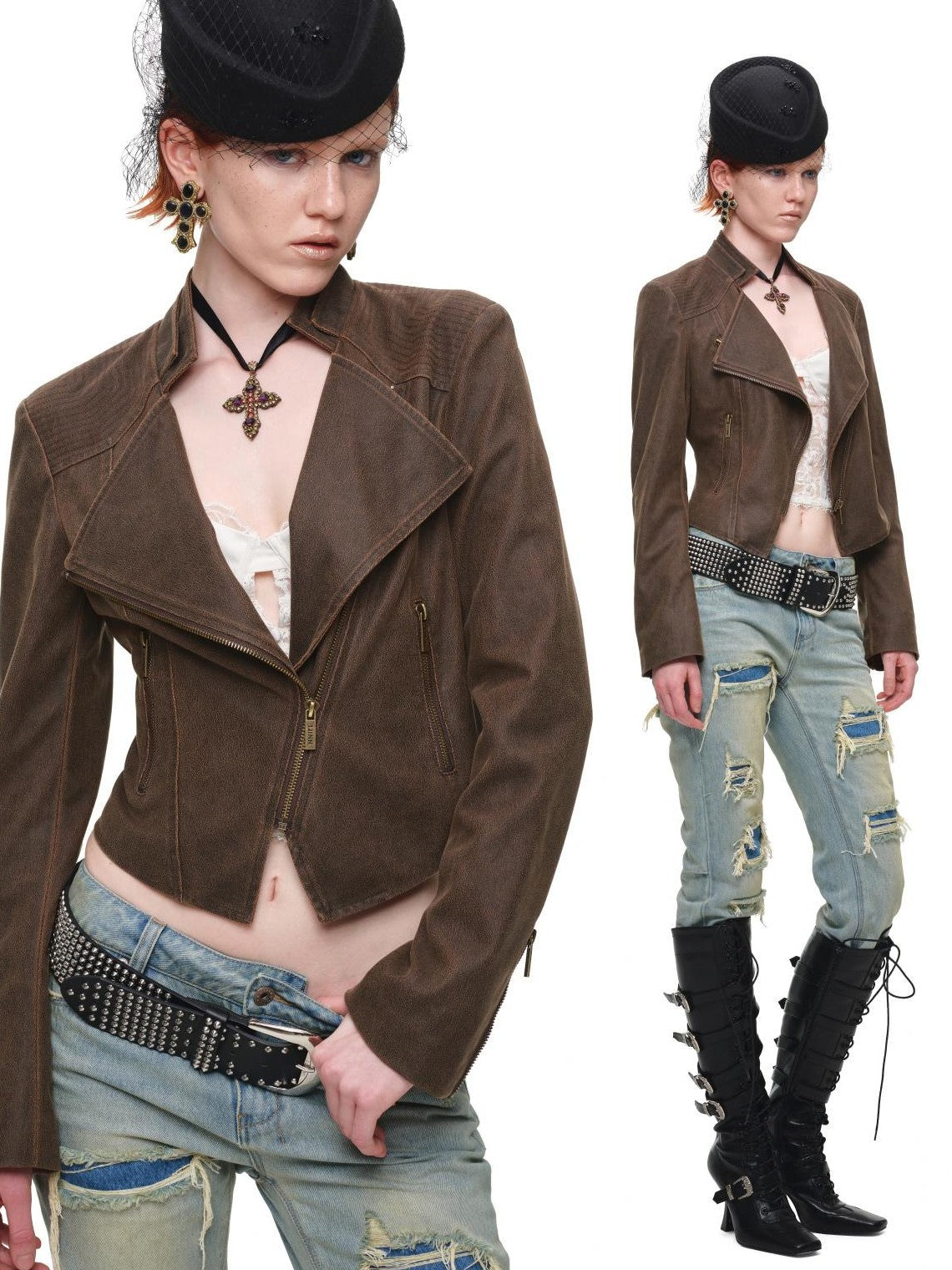 1JINN STUDIO Distressed Double Patch Frayed Faux Rips Women&