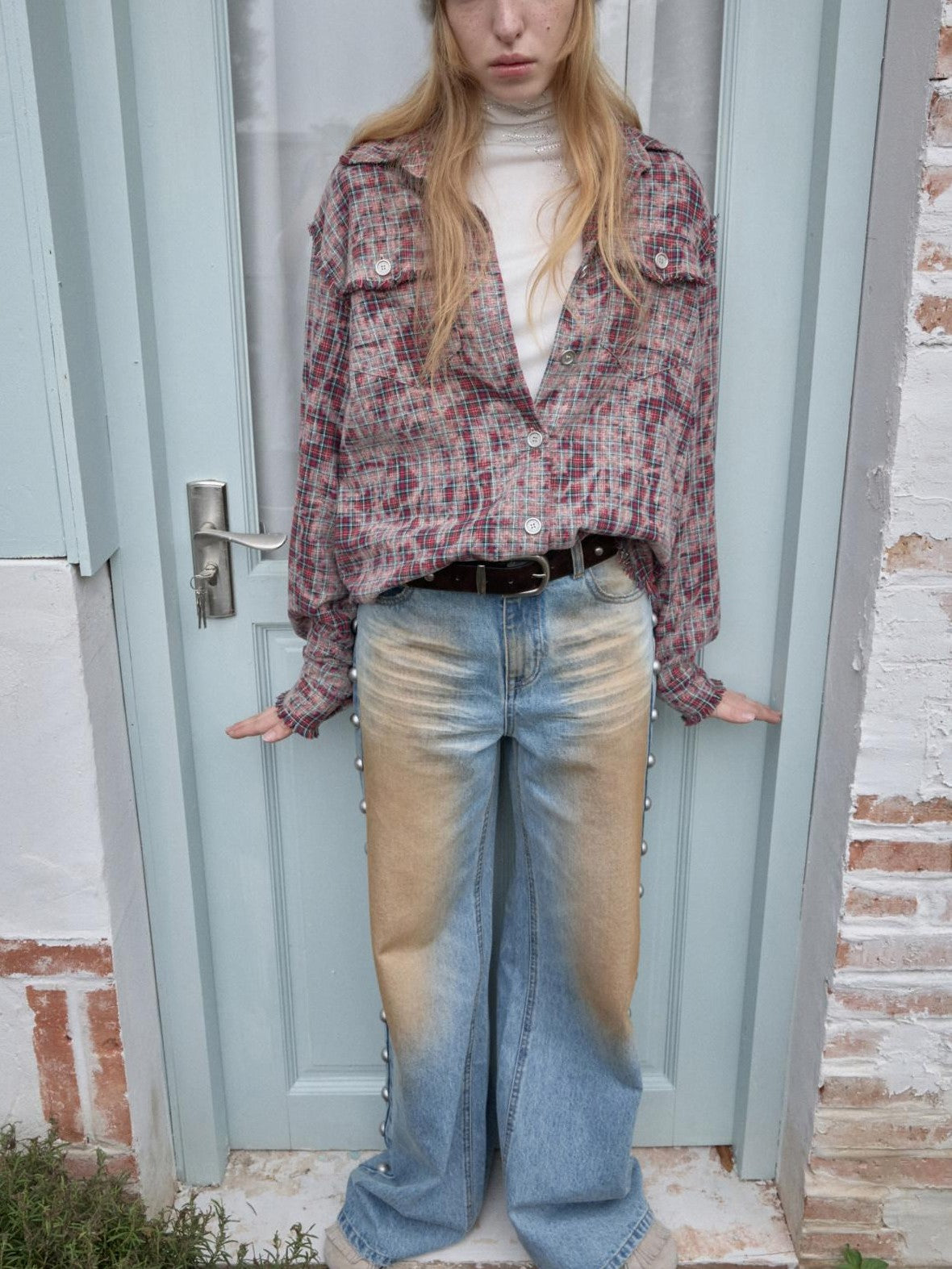 1JINN STUDIO Distressed Frayed Plaid Slim Round Neck Drop Shoulder Women&