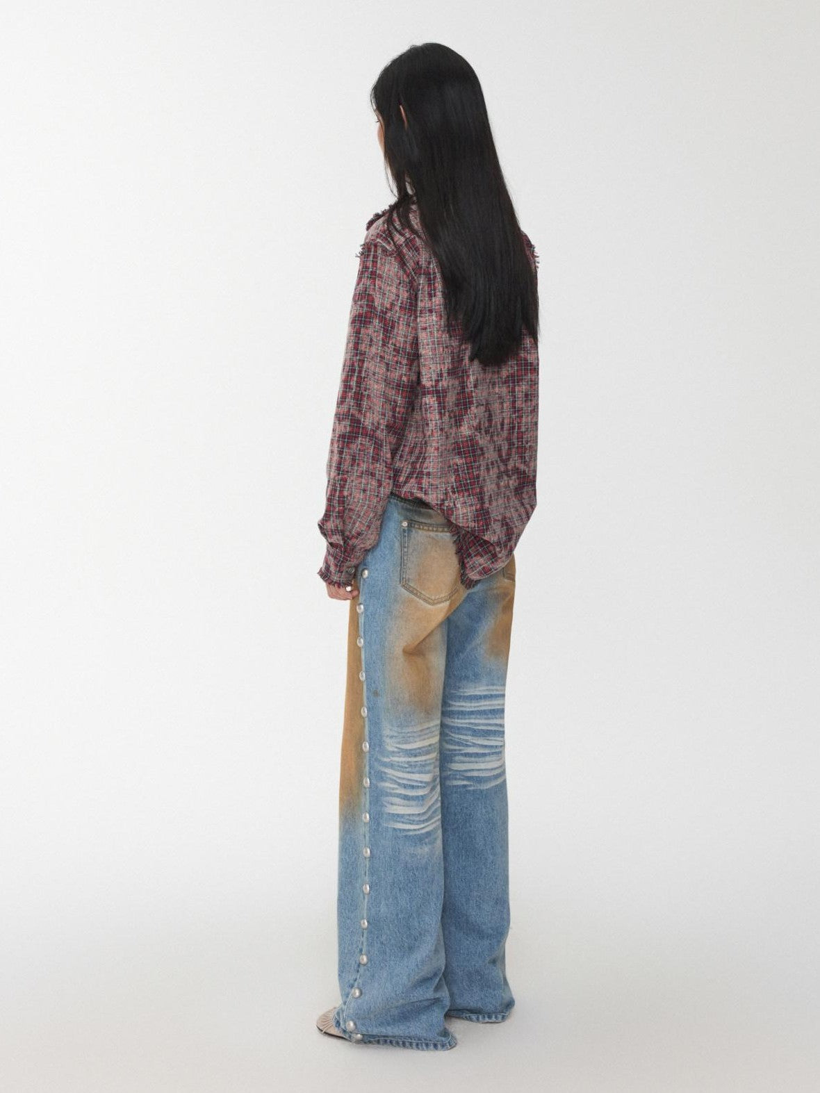 1JINN STUDIO Distressed Frayed Plaid Slim Round Neck Drop Shoulder Women&