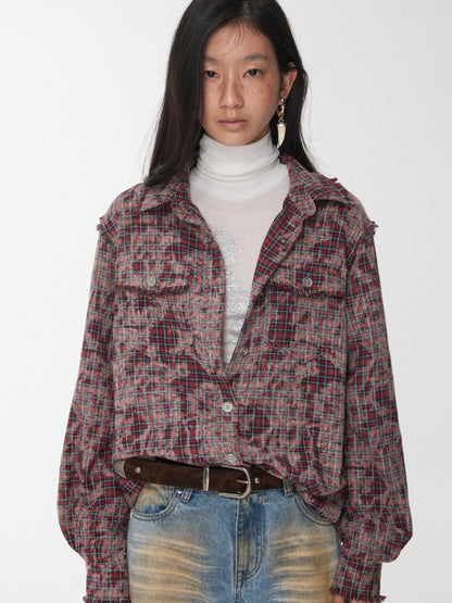 1JINN STUDIO Distressed Frayed Plaid Slim Round Neck Drop Shoulder Women&