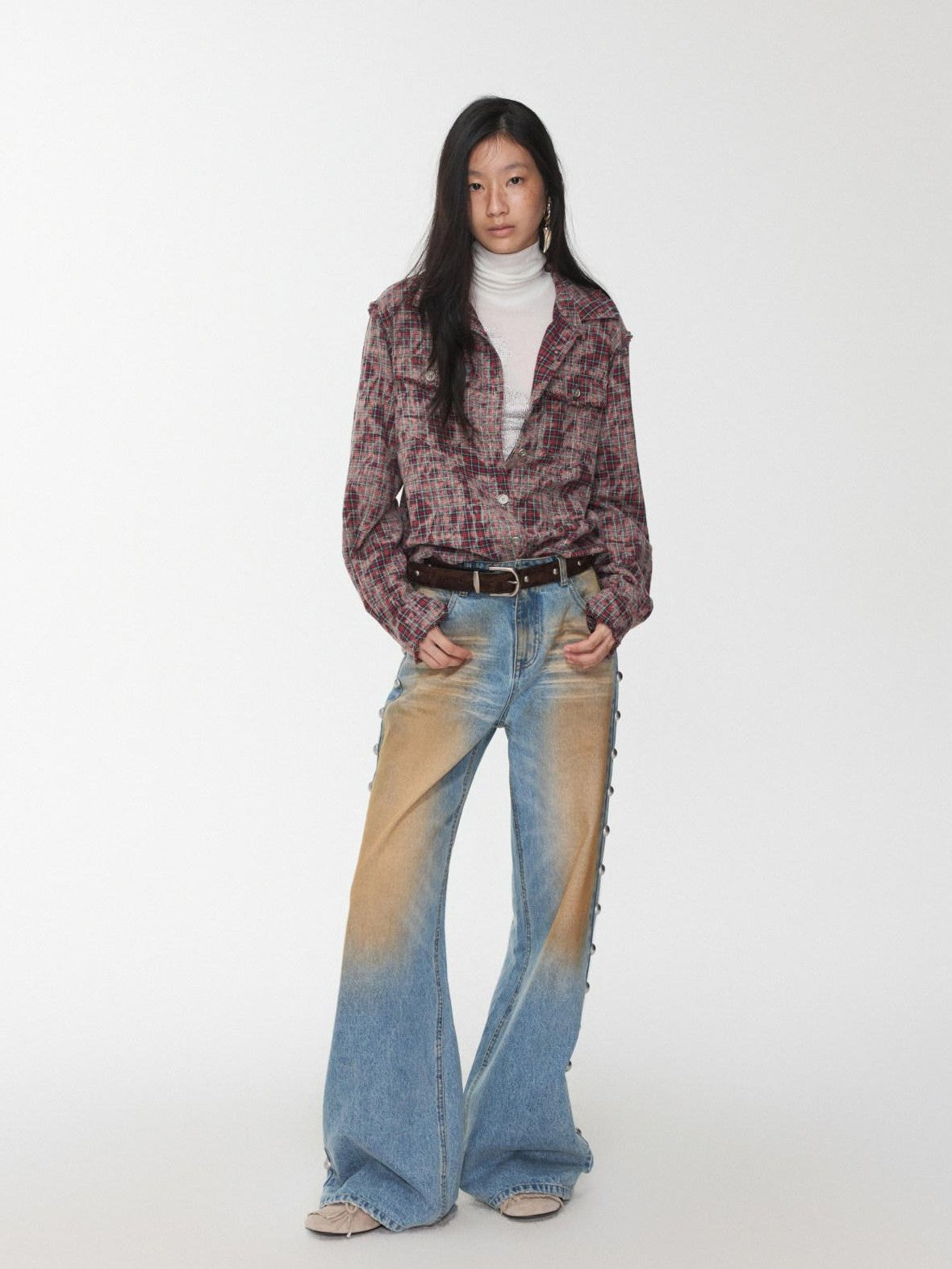 1JINN STUDIO Distressed Frayed Plaid Slim Round Neck Drop Shoulder Women&